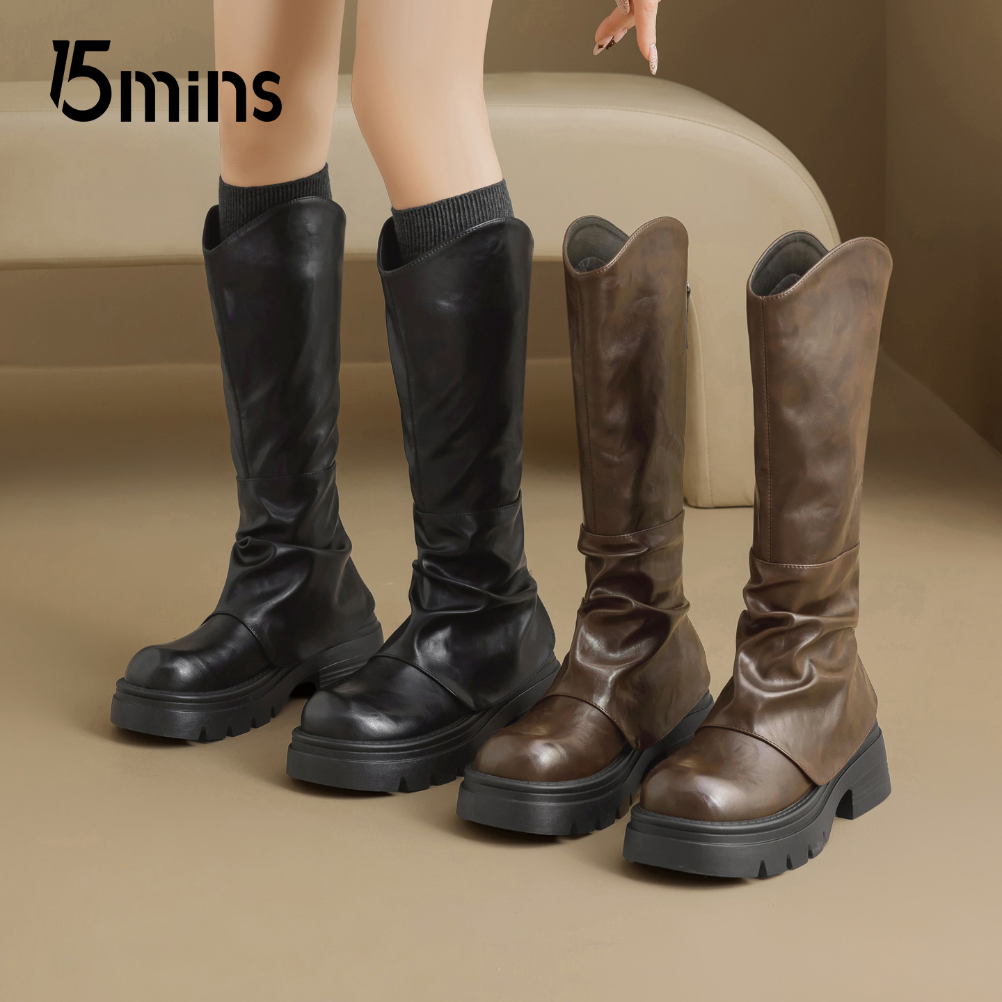 15mins厚底长筒靴女2025新款秋冬
