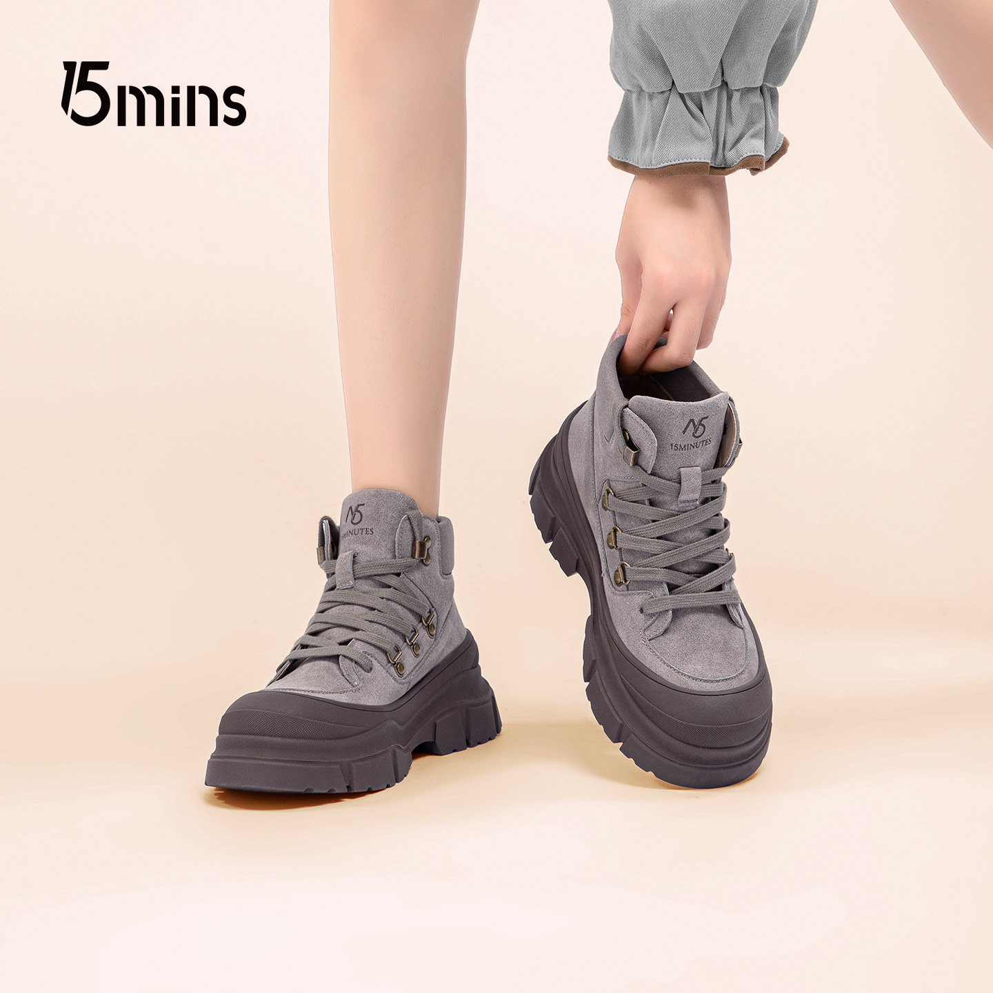 15mins厚底马丁靴女2025冬新款系带粗跟爆款皮带扣高帮靴子男增高,女鞋,马丁靴,淘宝优惠券,粉丝福利购,淘宝优惠卷