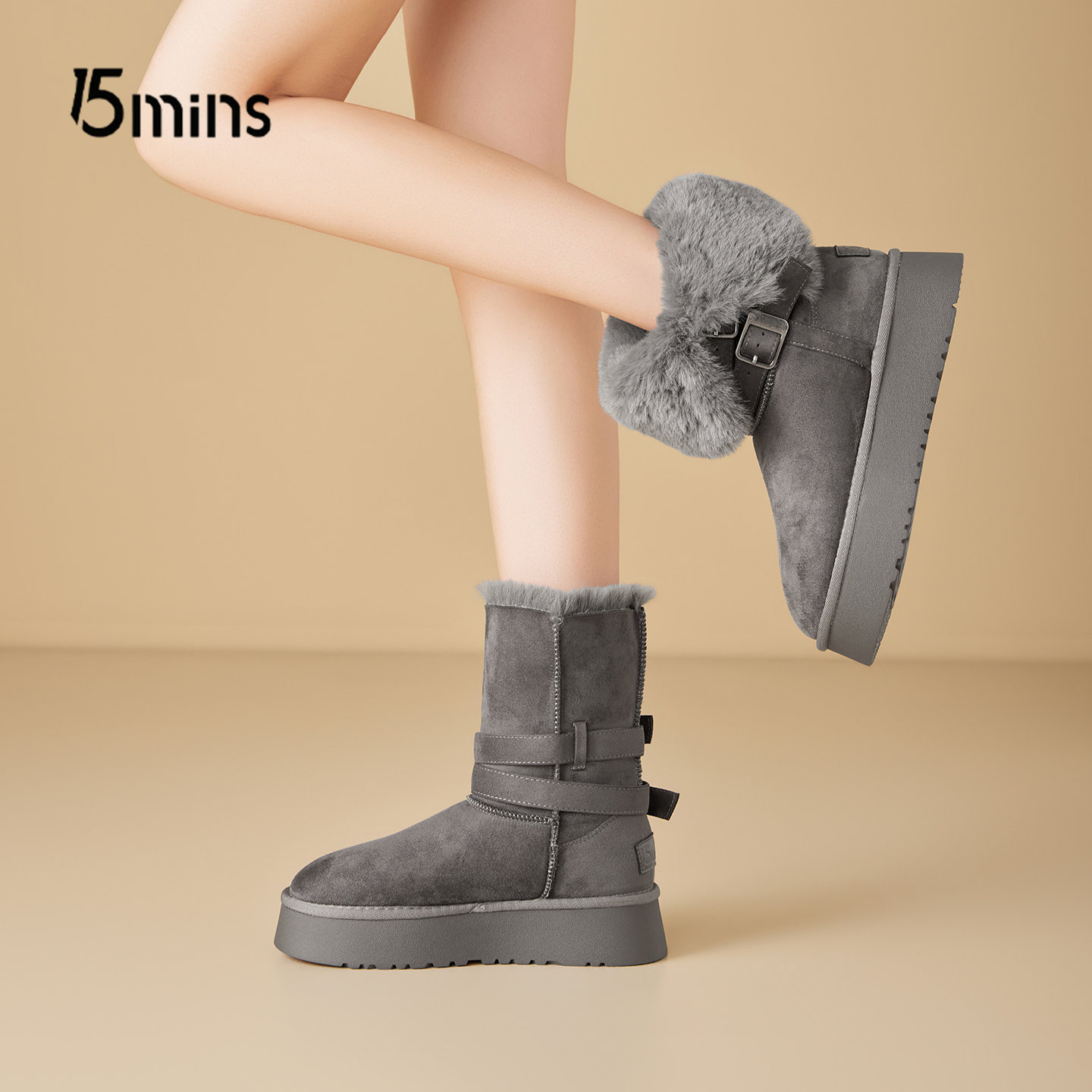 15mins灰色厚底加绒雪地靴女款
