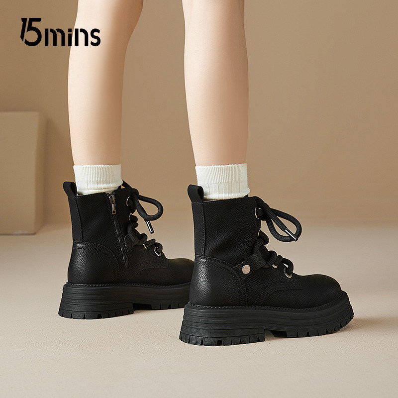 15mins黑色复古机车靴女2025秋季