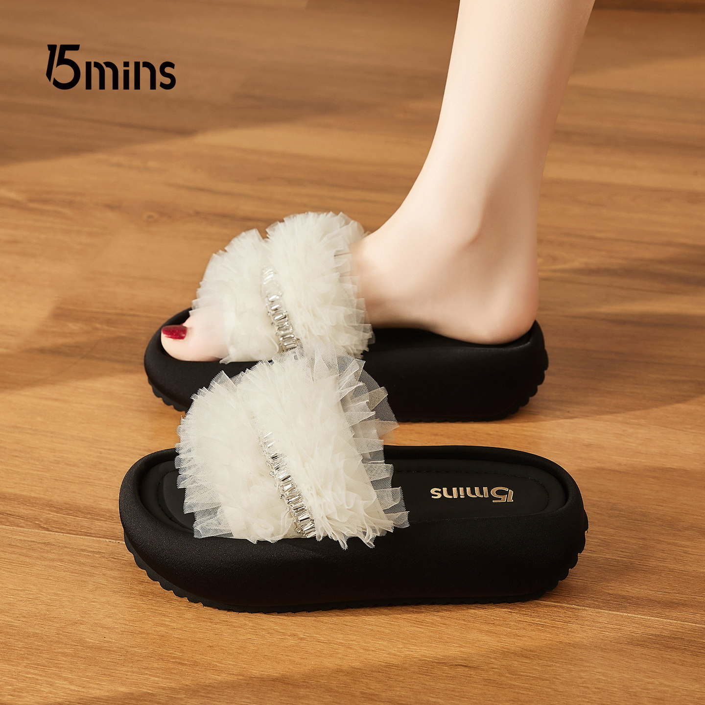 15mins厚底凉拖鞋女2026年新款夏季网纱拖鞋软底一字拖鞋沙滩凉拖