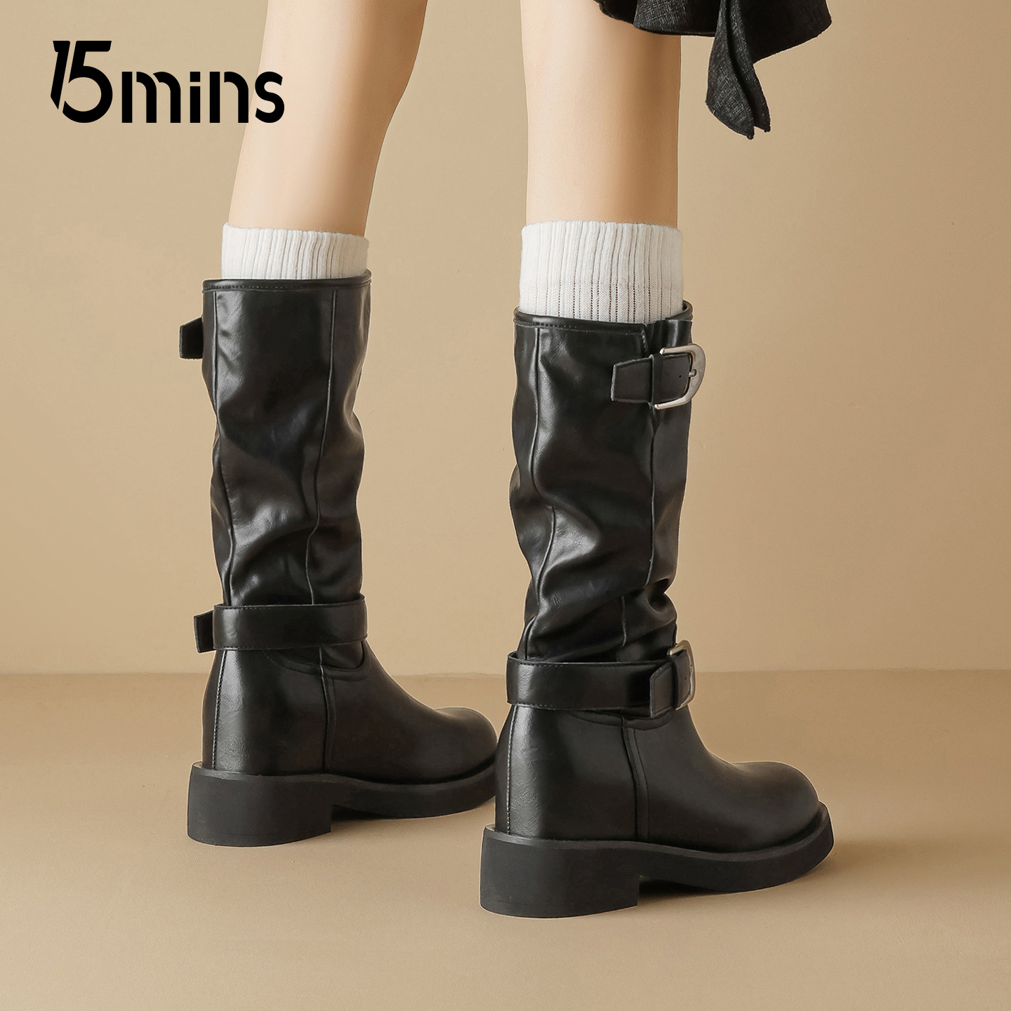 15mins黑色长筒靴女2025新款冬季