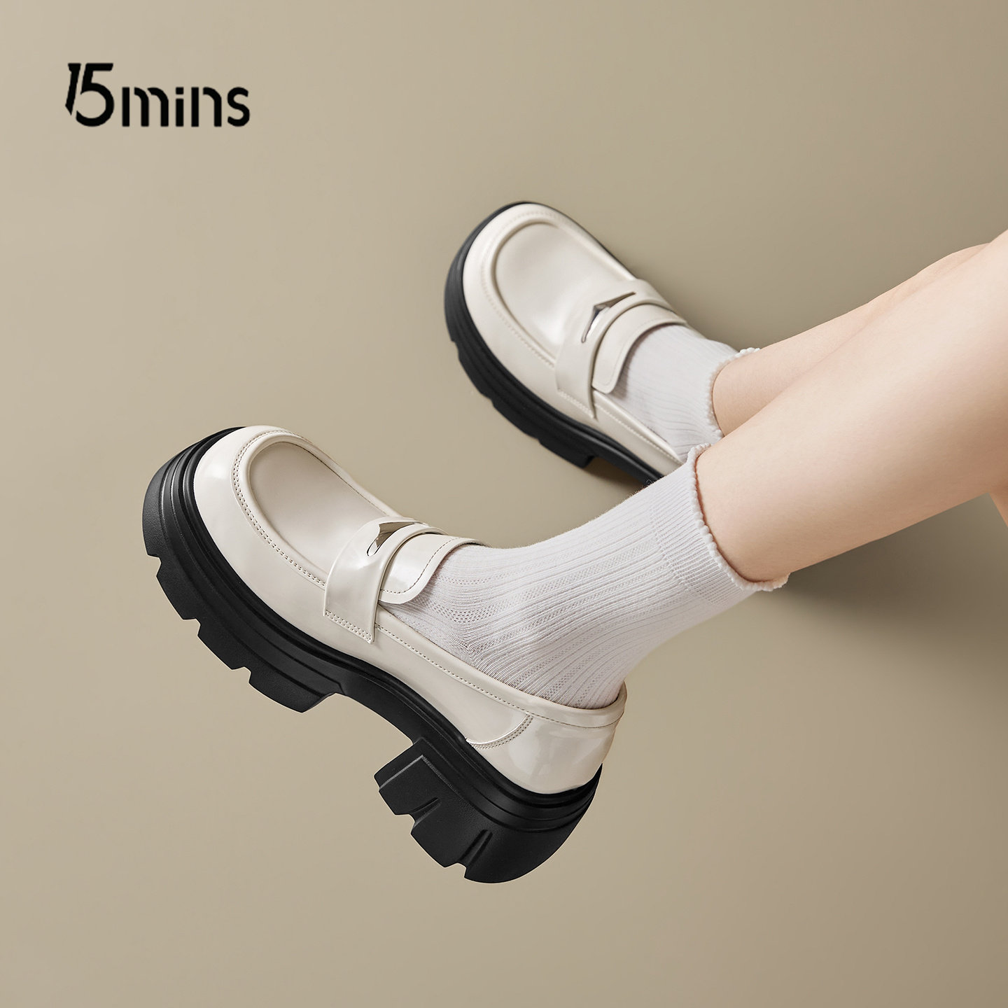 15MINS松糕厚底乐福鞋女2026春季新款一脚蹬学院风舒适通勤小皮鞋