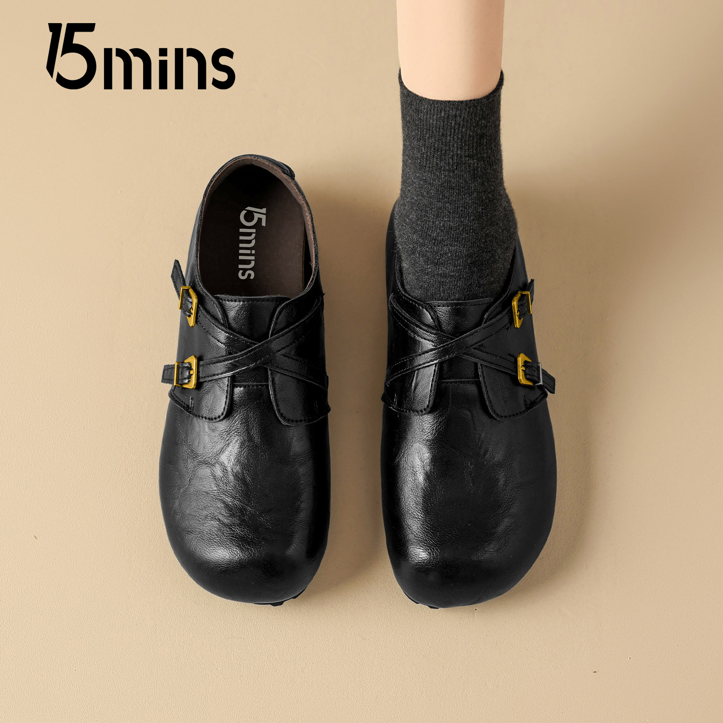 15mins时尚黑色勃肯鞋女2025