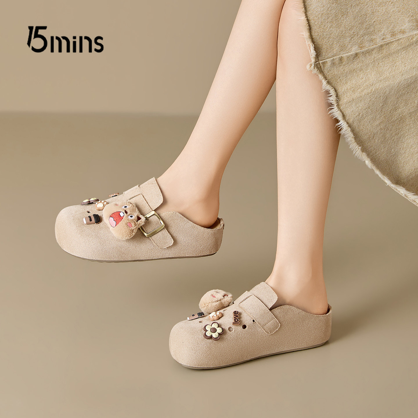 15mins厚底包头勃肯鞋女2026春季新款内增高卡通一脚蹬懒人穆勒鞋