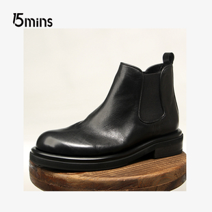 15mins马皮切尔西烟筒靴子圆头复古水洗高帮男士皮靴套脚休闲短靴