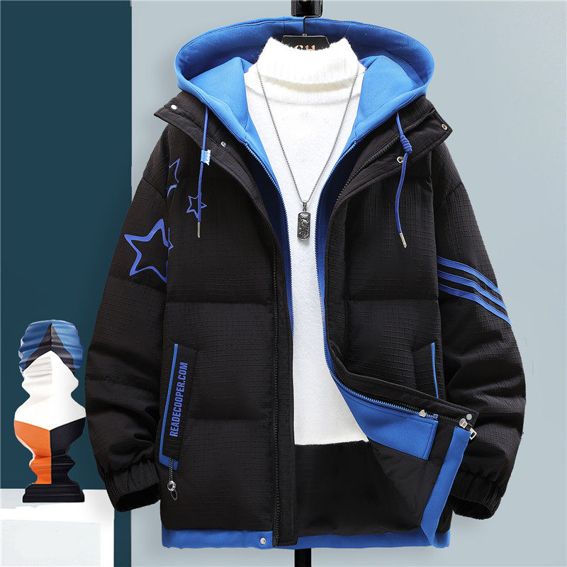 假两件羽绒服男冬季2025新款宽松加厚保暖棉衣青少年撞色连帽外套