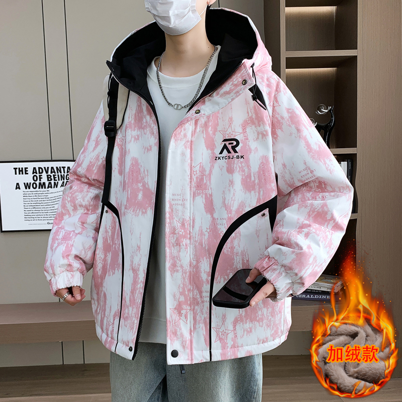 秋冬季加绒外套男青少年学生潮牌痞帅气连帽羽绒服加厚保暖棉衣服