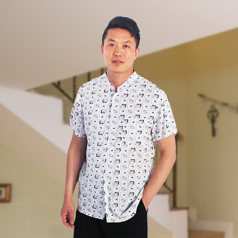 夏人造棉立领衬衣爸爸中老年男装绵绸上衣短袖衬衫纯棉绸开衫宽松