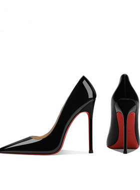 黑色高跟鞋女细跟尖头漆皮百搭性感职业浅口2025春夏新款红底单鞋