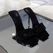 2025夏季 细跟高跟凉拖女 方头黑色百搭水钻一字带凉鞋 新款 网红同款