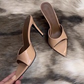 漆皮黑色性感半拖鞋 2025夏新款 尖头高跟凉拖一字带细跟裸色凉鞋 女