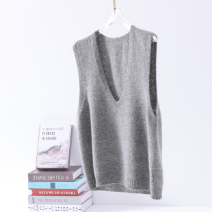 100%羊毛针织V领马甲背心女灰色秋冬坎肩羊毛衫 叠穿无缝一体毛衣