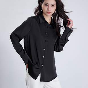 高级感宽松垂感醋酸缎面衬衫 女赫本黑通勤职业休闲简约面试衬衣