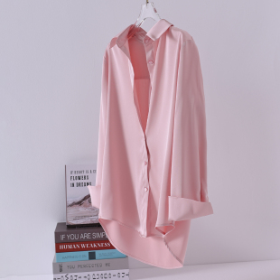 高级感醋酸缎面衬衫 显瘦宽松垂感遮屁股 女士粉色衬衣免烫抗皱大码