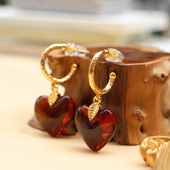 ZOO新品 月夜派对 复古酒红爱心耳圈夸张金色透明吊坠秋冬百搭