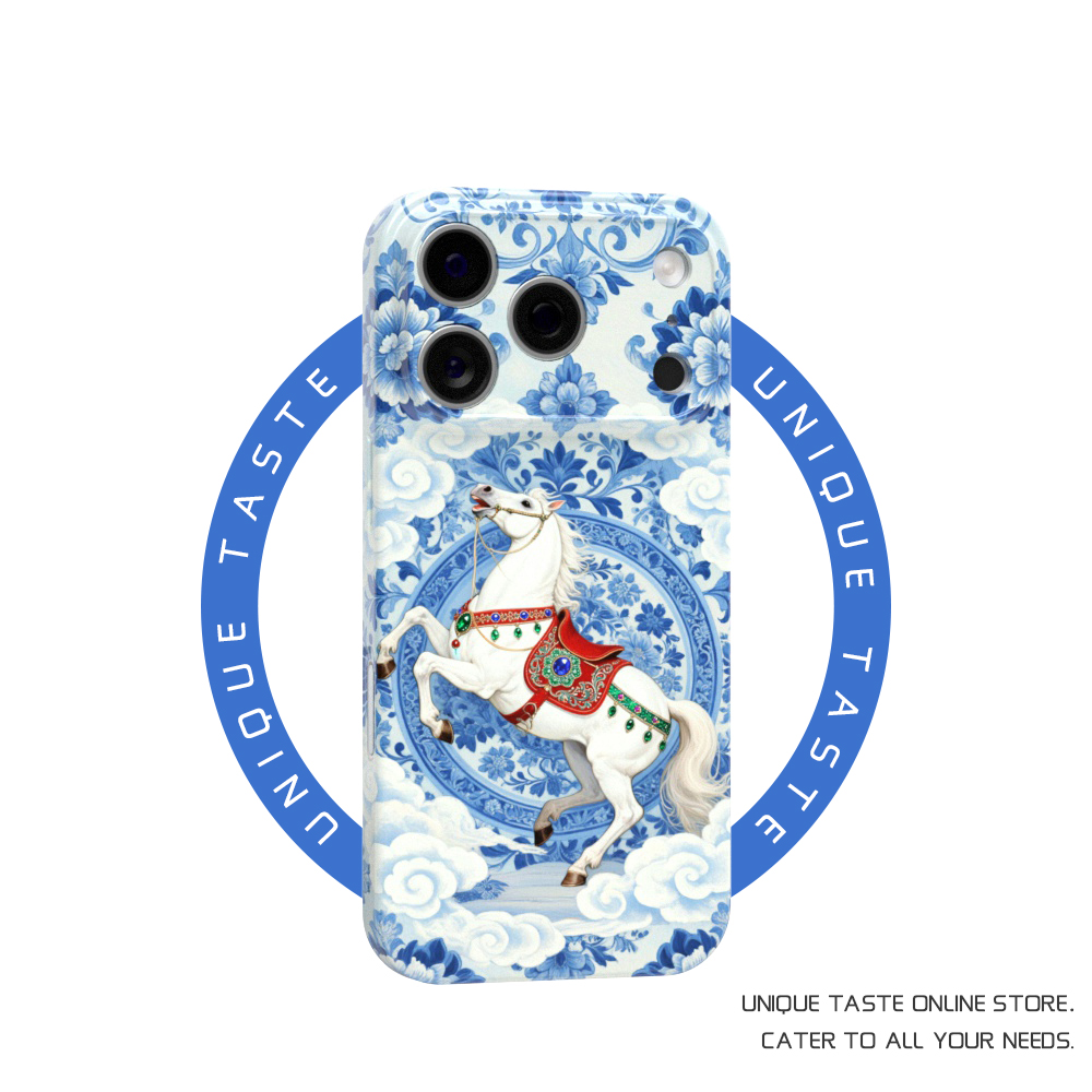 白色骏马适用iPhone17promax苹果16小米15中国风mate70华为p80nova荣耀400青花瓷12手机壳11一加13红米vivo