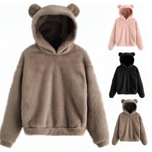 速卖通EBAY亚马逊欧美秋冬新款绒毛兔子耳朵连帽保暖毛衣卫衣