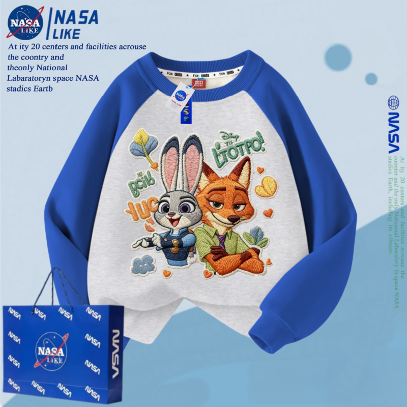 NASA疯狂动物城加绒春秋秋冬季圆领男童长袖卫衣卡通个性潮牌百搭