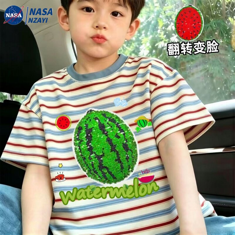 变色西瓜亮片洋气男童纯棉短袖T恤2026夏季新款儿童圆领半袖上衣