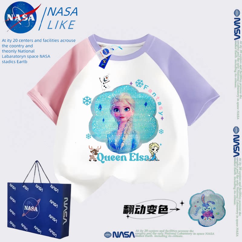 NASA女童亮片变色衣服冰雪爱莎公主短袖t恤星黛露女孩上衣翻转衫图片