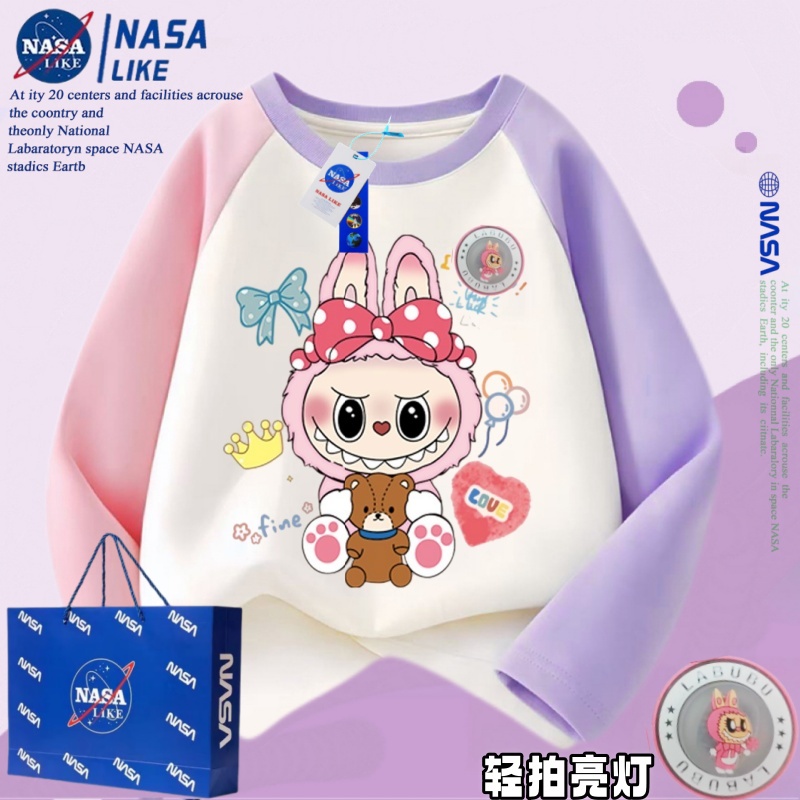 NASA女童拉布布labubu长袖t恤纯棉秋洋气儿童卡通打底衫拼色上衣