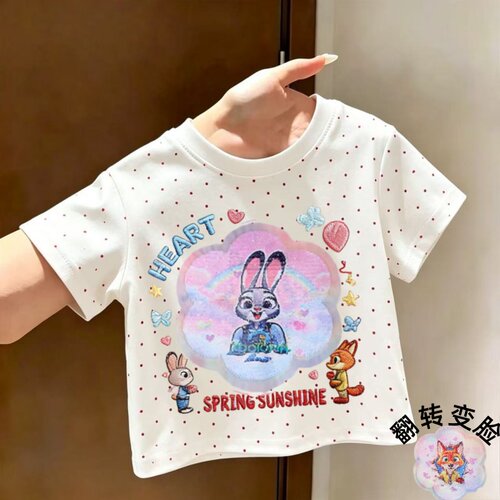 疯狂动物城亮片女童短袖波点T恤夏季儿童洋气上衣女孩半袖打底衫t