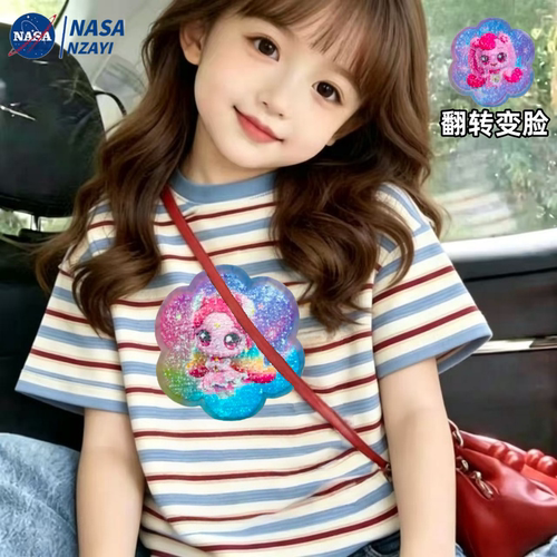 奇妙萌可变色女宝可爱条纹短袖T恤夏季2026新款儿童洋气撞色百搭