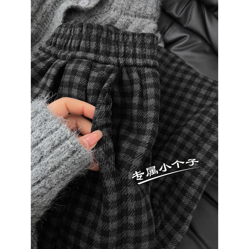 150九分小个子格纹毛呢阔腿裤女