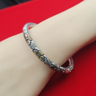 999银手镯女纯银手工錾刻开口立体梅花浮雕金箍棒足银情侣镯