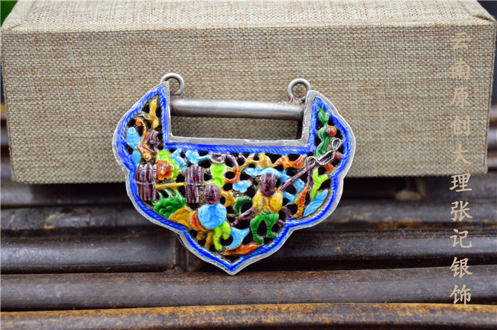 原创中国风纯手工雕花镂空珐琅景泰蓝渔樵耕读纯银烧蓝百家长命锁
