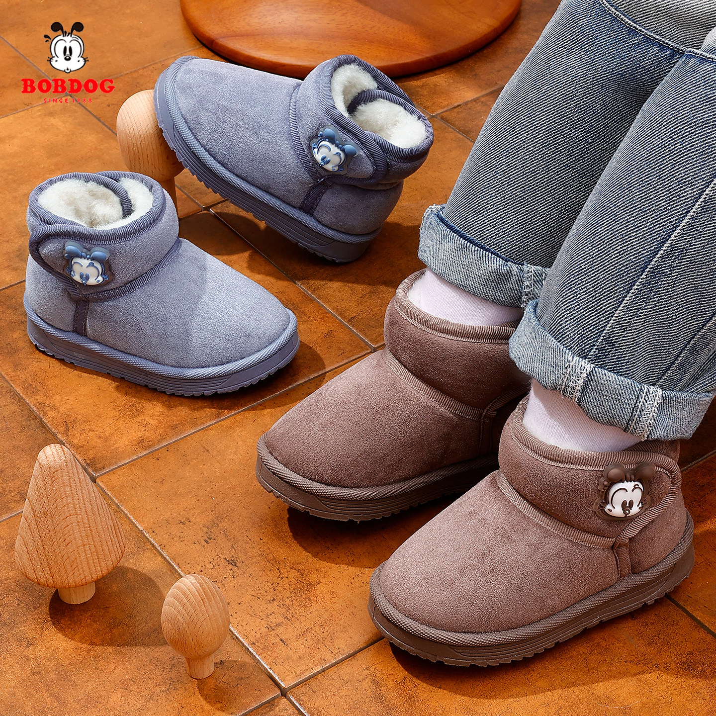 巴布豆儿童棉鞋2025冬季加绒加厚中大童棉靴雪地靴男女孩卡通防滑