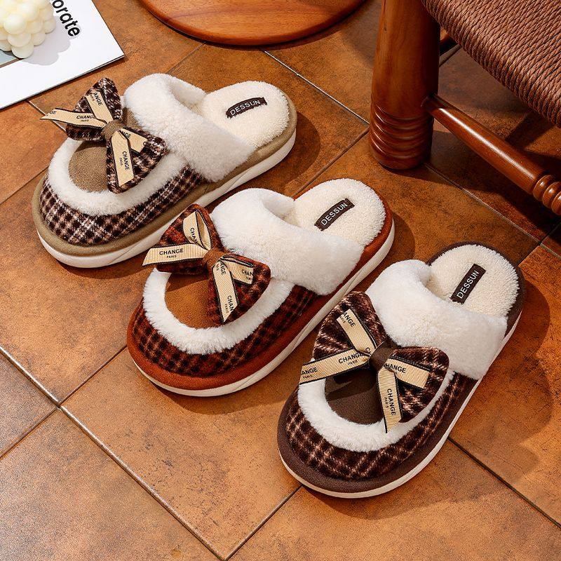 2025新款毛绒棉拖鞋女士冬季家居室内保暖防滑成人蝴蝶结简约棉拖