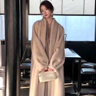 娜娜家 软糯仿貂毛绒环保皮草长外套女温柔V领富贵复古气质大衣