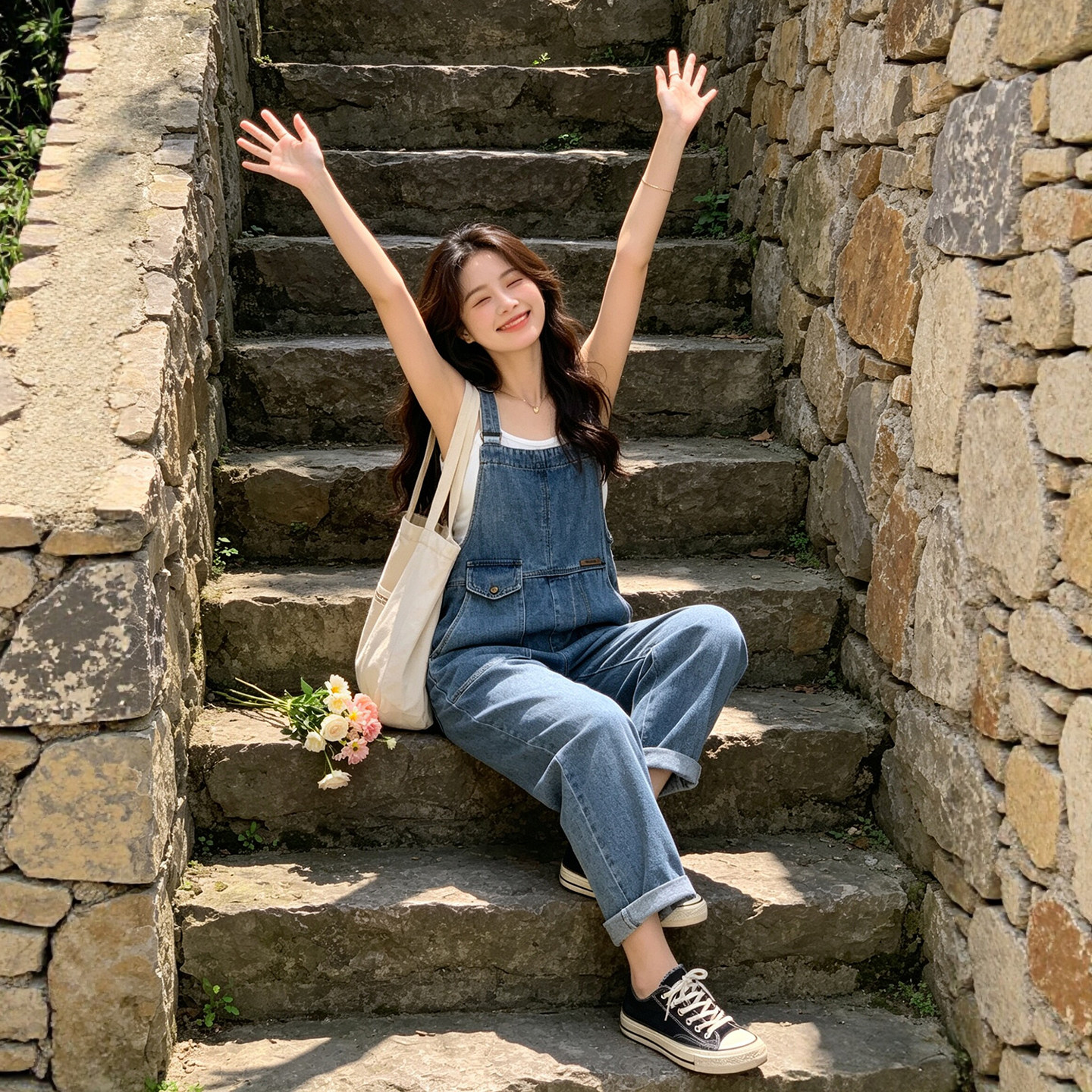 夏薄款小个子阔腿九分牛仔背带裤