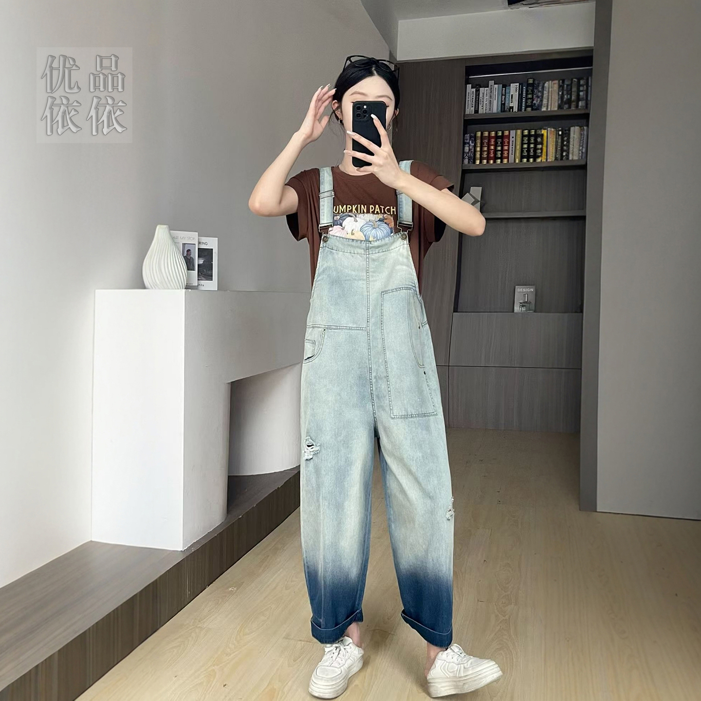 网红炸街撞色韩版牛仔背带裤女年夏季新款减龄宽松九分阔腿连体裤