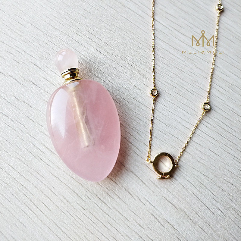 高品质天然粉水晶大号容量精油瓶吊坠 名媛质感香薰托帕石长项链