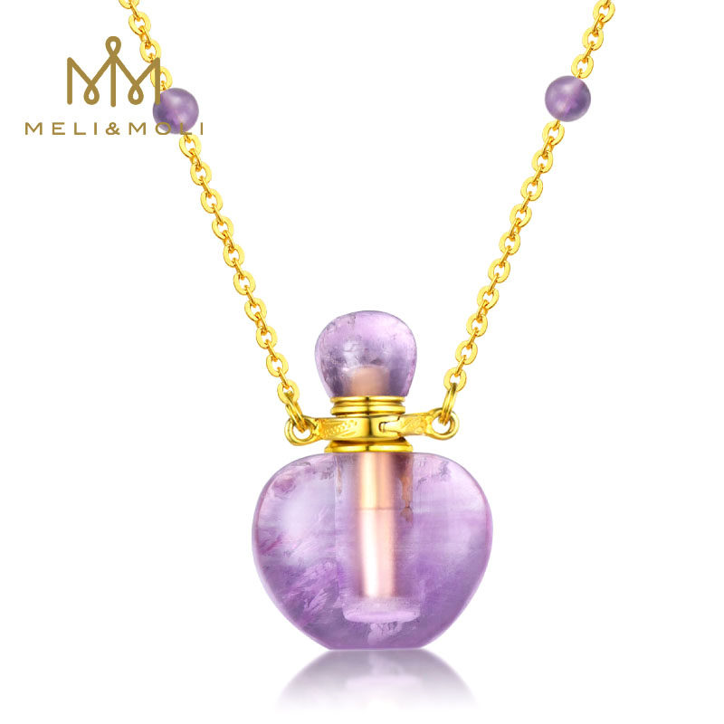 天然紫水晶精油香薰吊坠 天然晶石芳香珠宝小号苹果银项链