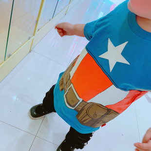 男孩蓝美国队长蓝色全棉星星t恤短袖 外贸原单男童装 上衣 新款 夏季