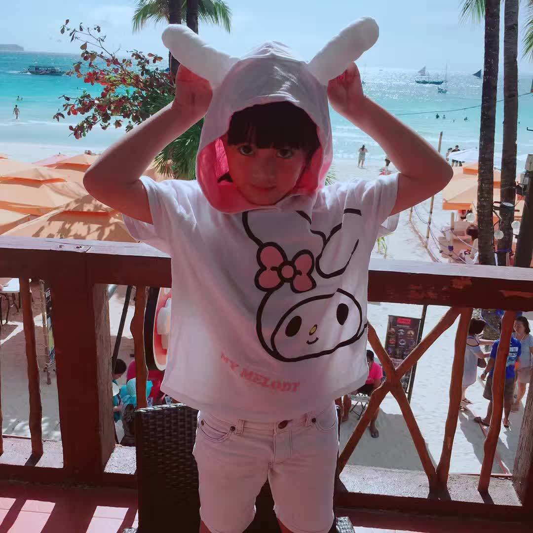 夏装 出口美乐蒂小童女童装女孩连帽水印白色领短袖半袖t恤上衣