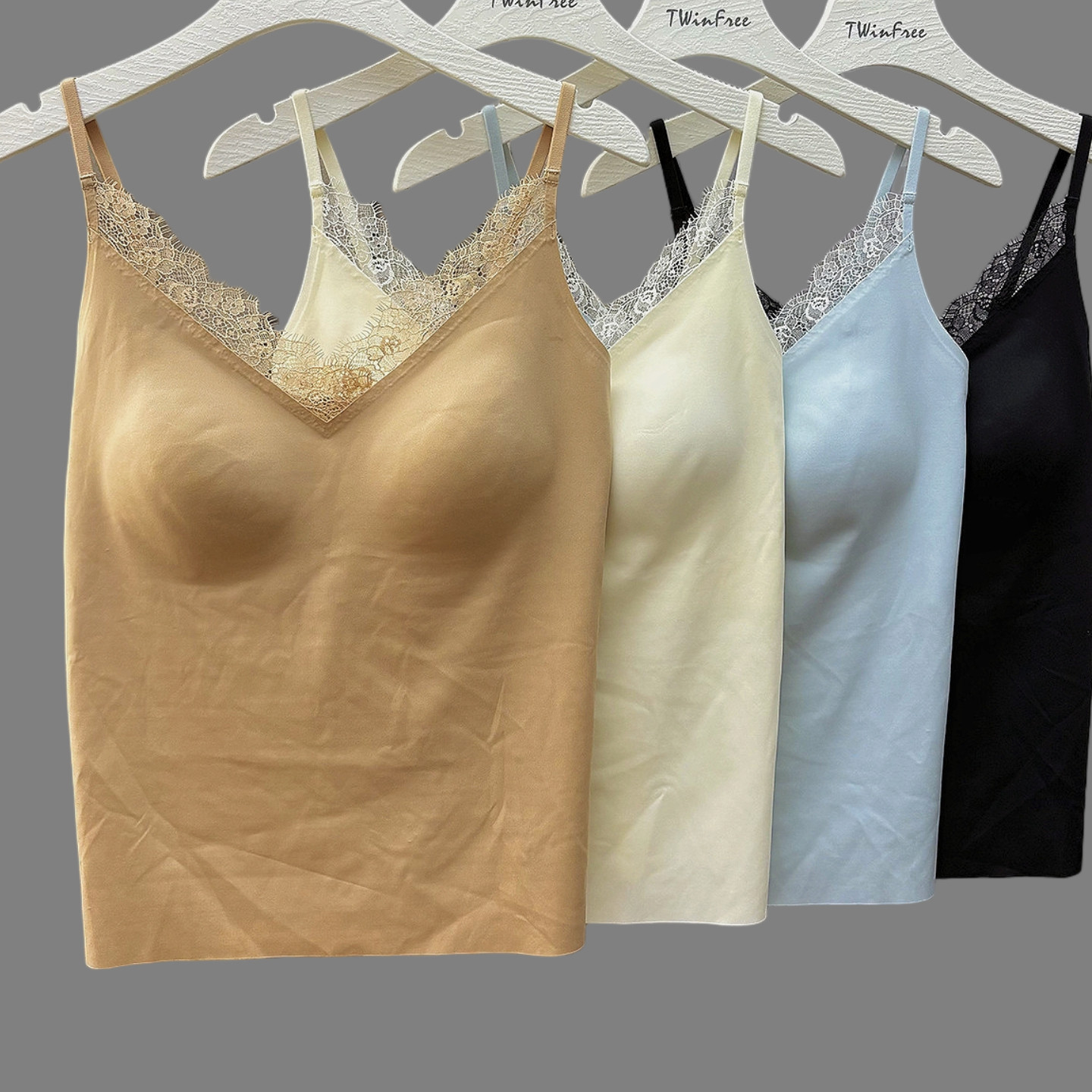 深V蕾丝性感粉底液吊带小背心女遮肚带胸垫美背外穿内搭白色内衣