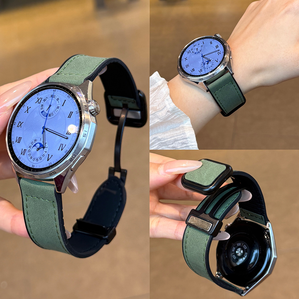 适用荣耀手表5表带疯马皮纹方扣磁吸表带honor腕带运动荣耀4透气5