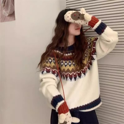 复古费尔岛提花圆领套头毛衣女秋冬宽松软糯撞色针织打底衫上衣厚