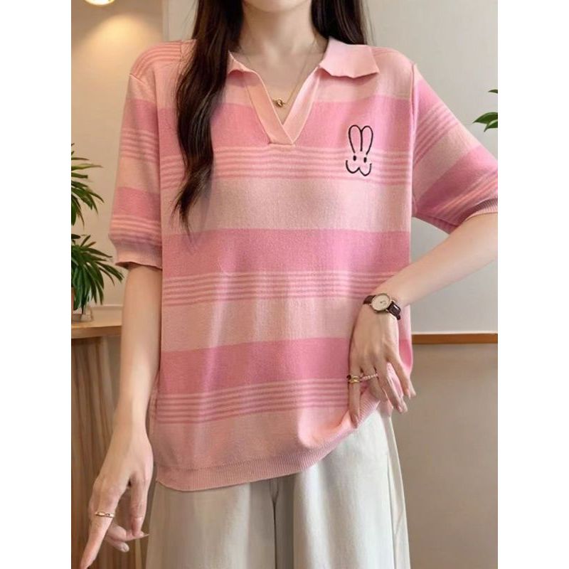 polo领冰丝针织短袖t恤女装夏装2025年新款蓝色条纹兔子刺绣上衣