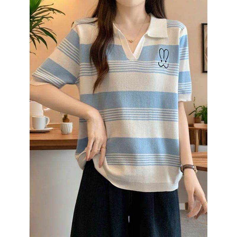 复古条纹polo领针织衫超好看短袖T恤女夏季薄款兔子刺绣别致上衣