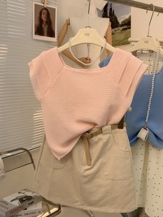 短款 粉色插肩袖 冰丝短袖 夏季 镂空上衣毛衣针织衫 2024新款 现货