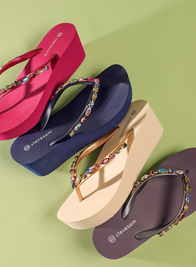 6cm人字拖鞋女夏增高厚底彩钻时尚高跟沙滩黑色夹脚夏季防滑拖鞋