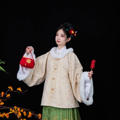 香雪海 | 凤翥斋现货梅花织金圆领对襟圈金披袄昭君袄汉服秋冬