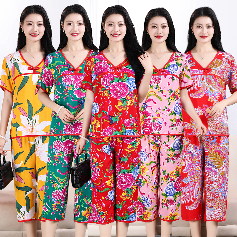 棉绸花布民族风胖MM盘扣复古短袖T恤7分裤人造棉睡衣家居服套装女