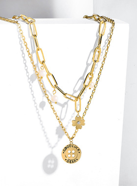 戴拉时尚潮纽扣四叶花双层项链